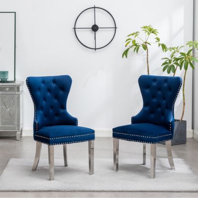  Contemporary Tufted Velvet Chair with Nailhead Trim, Set of 2, Blue