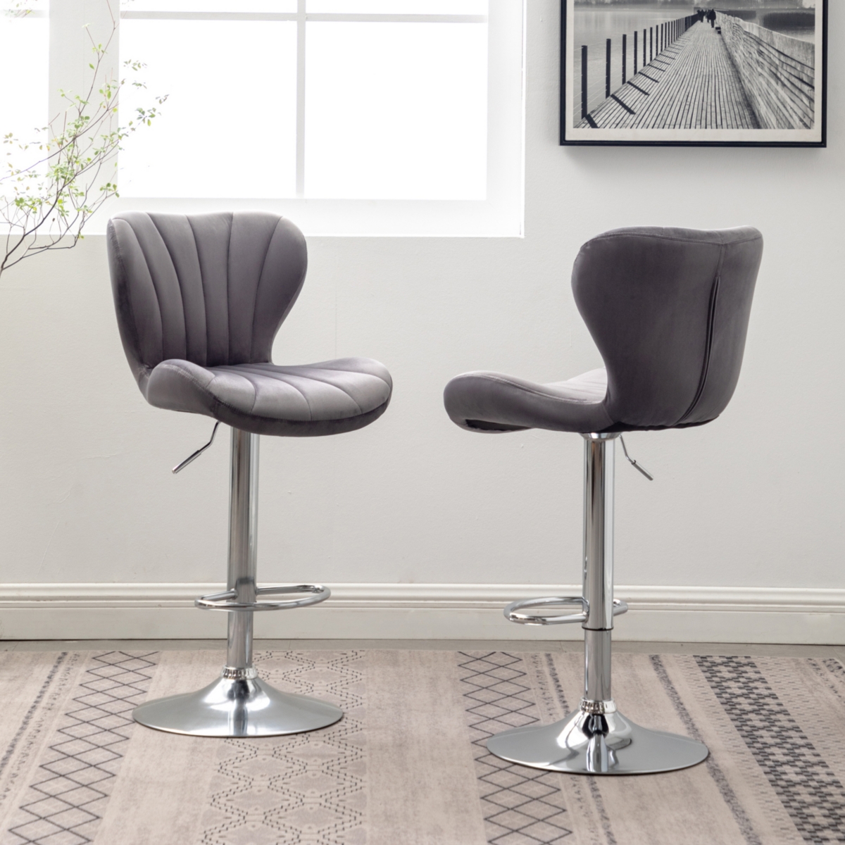 Streamdale Furniture Upholstered Adjustable Swivel Barstools in Gray, Set of 2