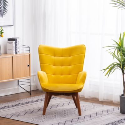 Contemporary Silky Velvet Tufted Accent Chair with Ottoman, Yellow