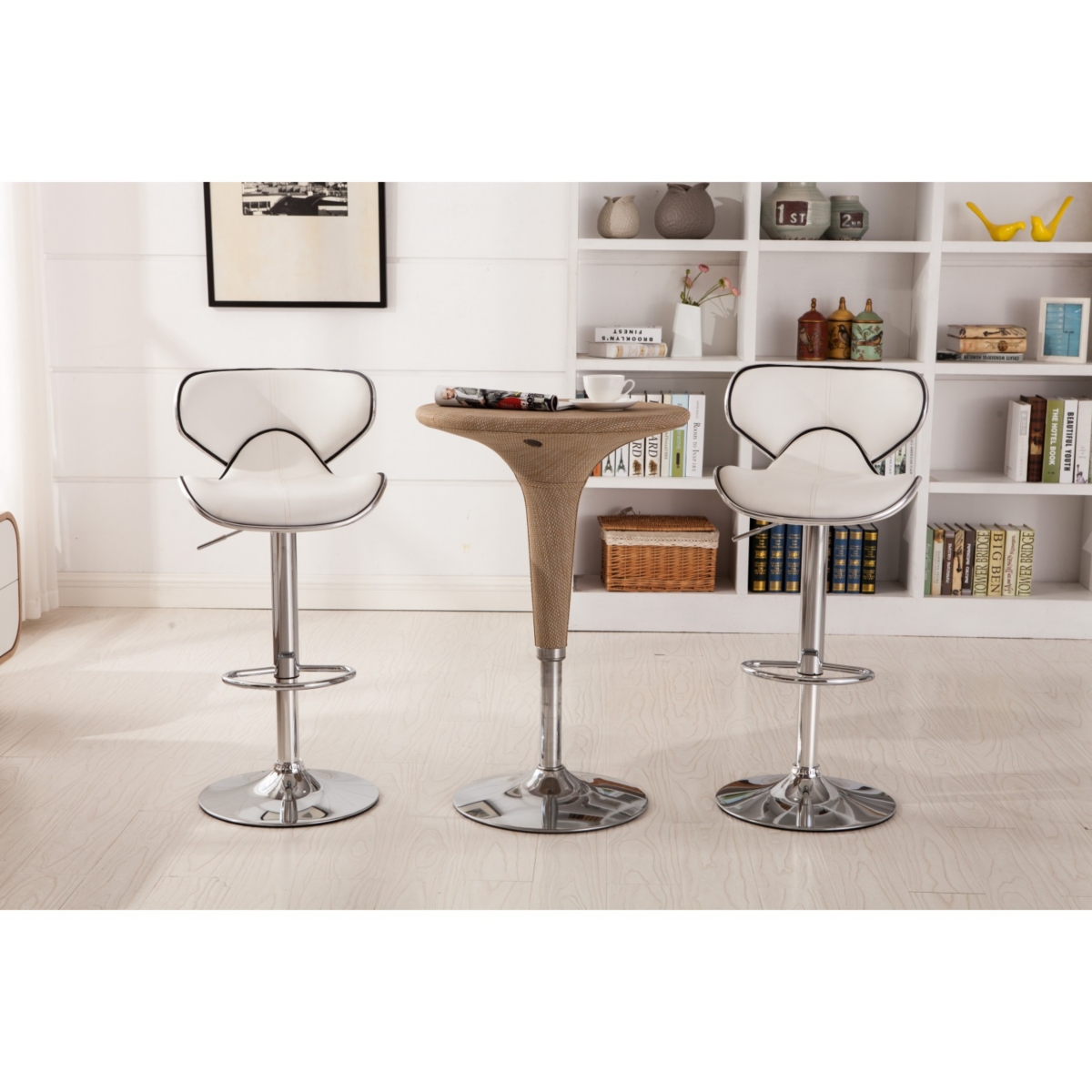 Upholstery Airlift Adjustable Swivel Barstool with Chrome Base, Set of 2, White