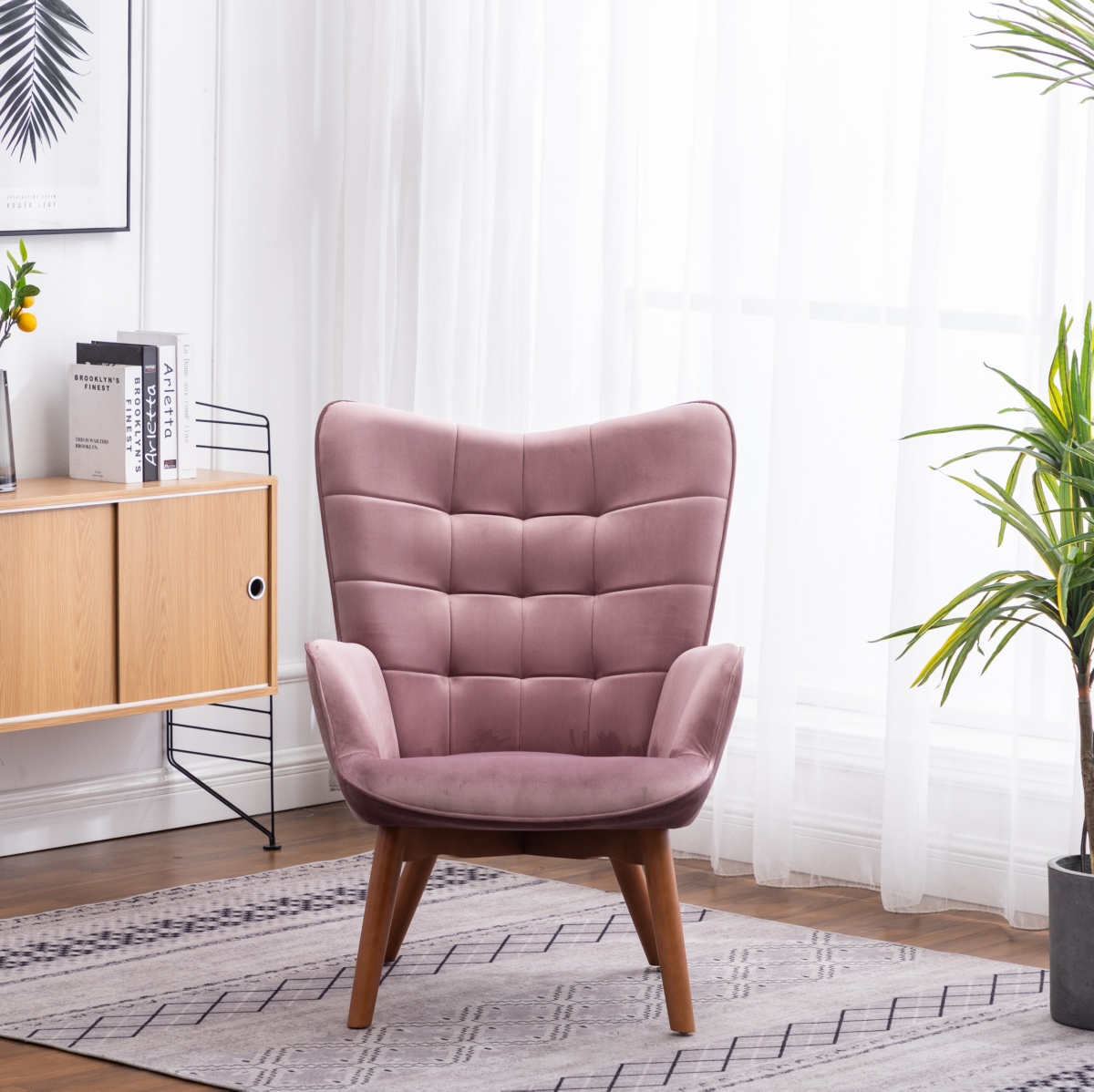 Simplie Fun Contemporary Silky Velvet Tufted Accent Chair with Ottoman, Mauve