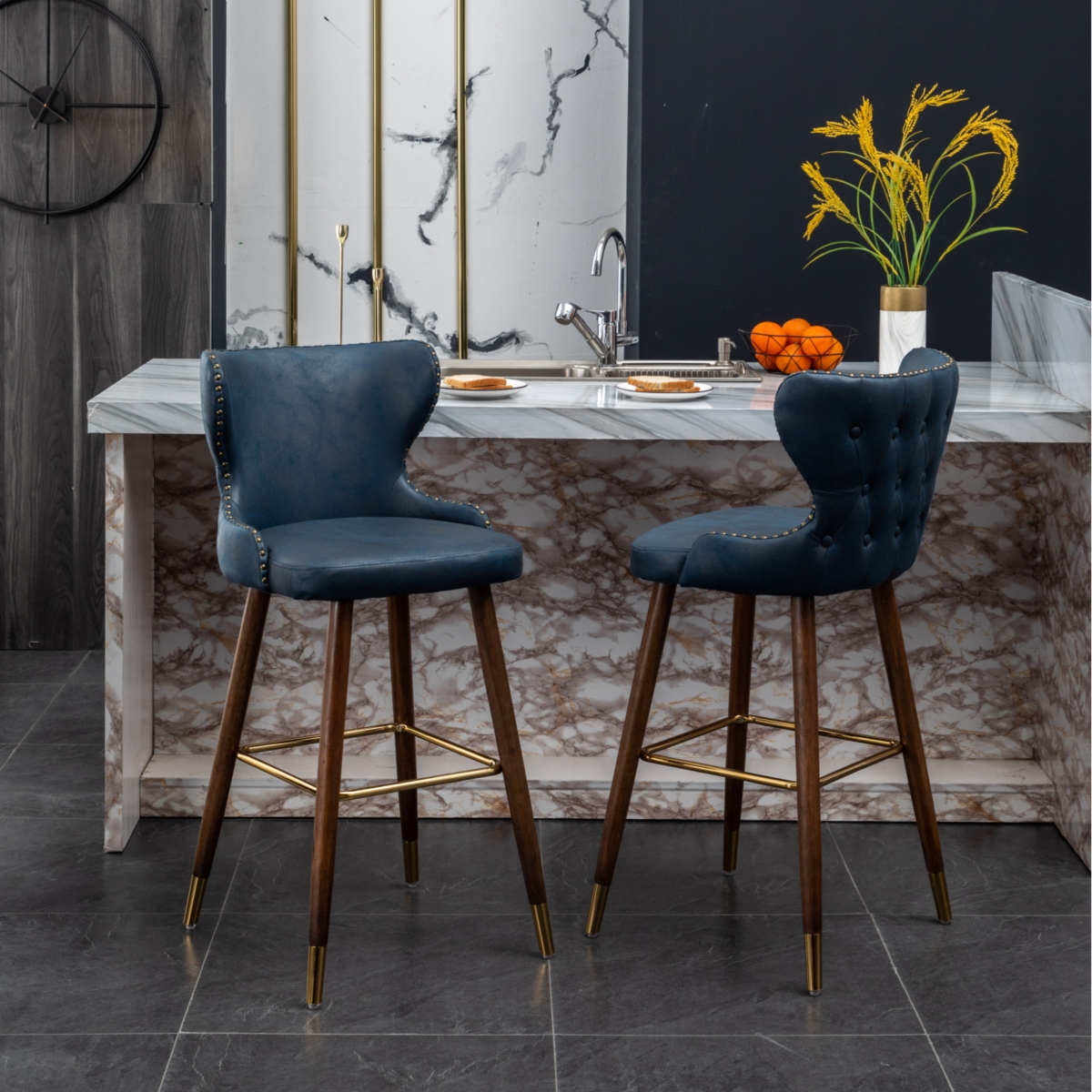 Streamdale Furniture Mid-century Modern Faux Leather Tufted Nailhead Trim Barstool Set of 2,- Blue