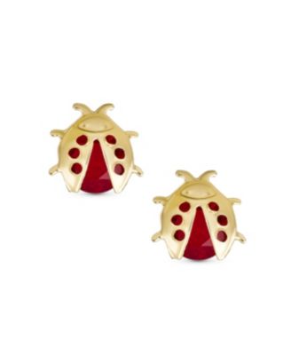 Small Delicate Fashion Ladybird Lucky Summer Garden Insect CZ Red Ladybug Stud Earrings  Yellow 14K Gold Fine Jewelry