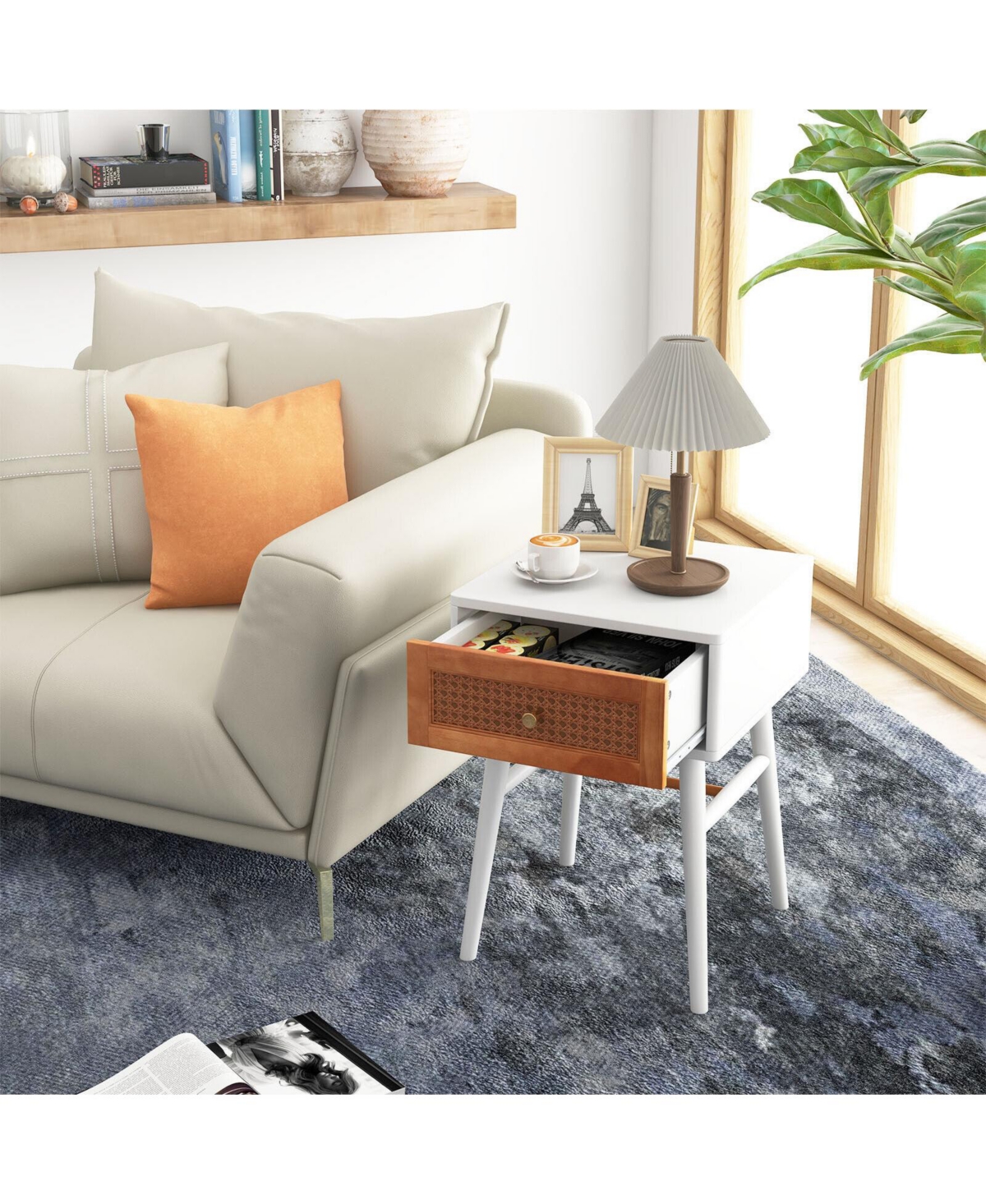 Sugift 1-Drawer Modern Bedside Table with Solid Wood Legs