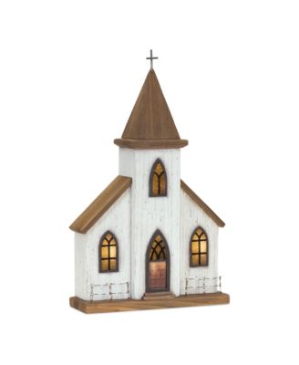 Lighted Natural Wooden Church Display with Rustic Metal Accents, 17.75"H