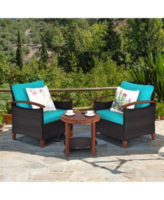3PCS Patio Wicker Rattan Conversation Set Outdoor Furniture Set w/ Turquoise Cushion