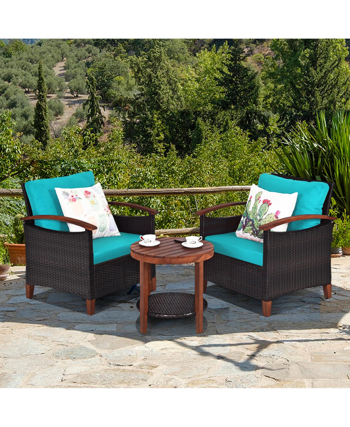 Gymax 3PCS Patio Wicker Rattan Conversation Set Outdoor Furniture Set w/Cushion - Turquoise/aqua+black+brown