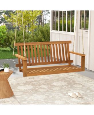 2-Seat Acacia Wood Porch Swing Bench with 2 Hanging Hemp Ropes
