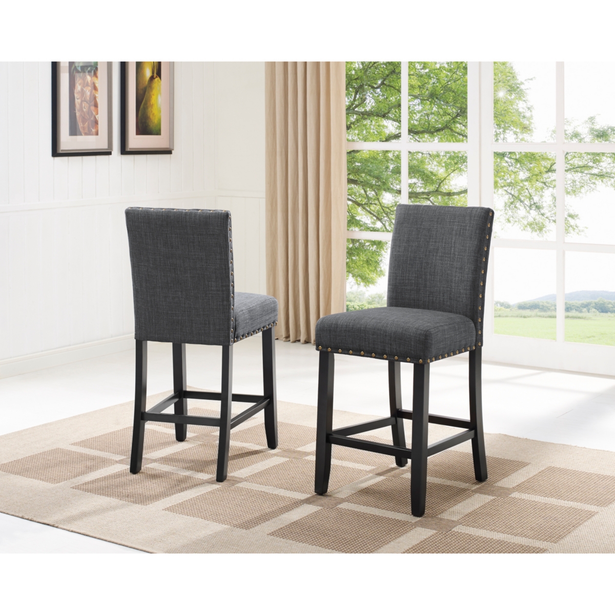 Streamdale Furniture Gray Fabric Counter Height Stools with Nailhead Trim, Set of 2