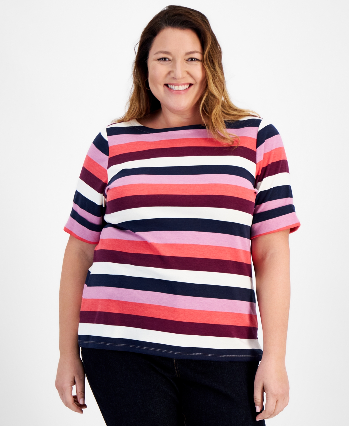 Style & Co Plus Size Printed Boat-Neck Elbow-Sleeve Top, Created for Macy's