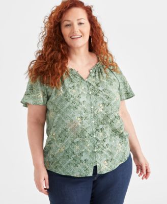 Style & Co - Plus Size Printed Round-Neck Flutter-Sleeve Top