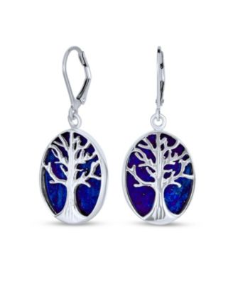 Large Oval Natural Stone Shell Lever Back Mother Of Pearl Family Tree Of Life Dangle Earrings .925 Sterling Silver