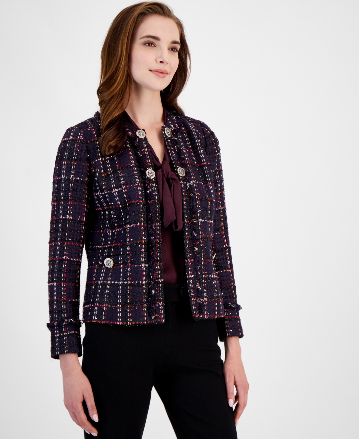 Anne Klein Women's Open-Front Long-Sleeve Tweed Jacket