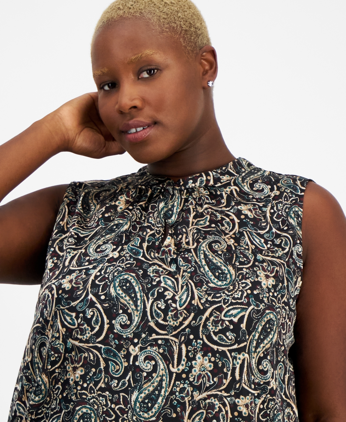 Kasper Plus Size Printed Split-Neck Sleeveless Blouse