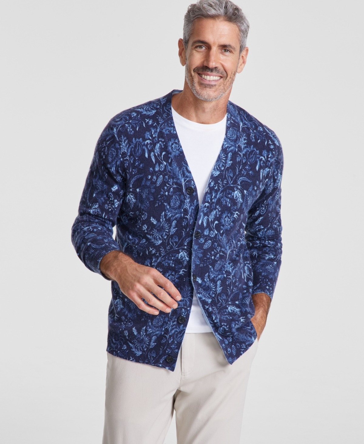 Men's Printed Cashmere V-Neck Cardigan Sweater, Created for Macy's - Navy Blue
