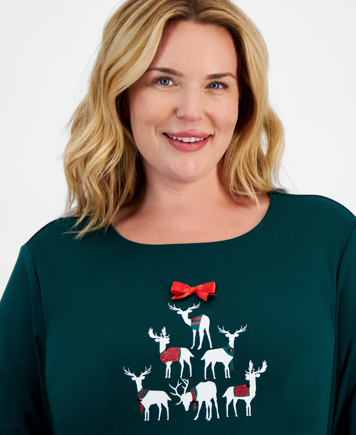 Holiday Lane Plus Size Deer Celebration Long-Sleeve Top, Created for Macy's