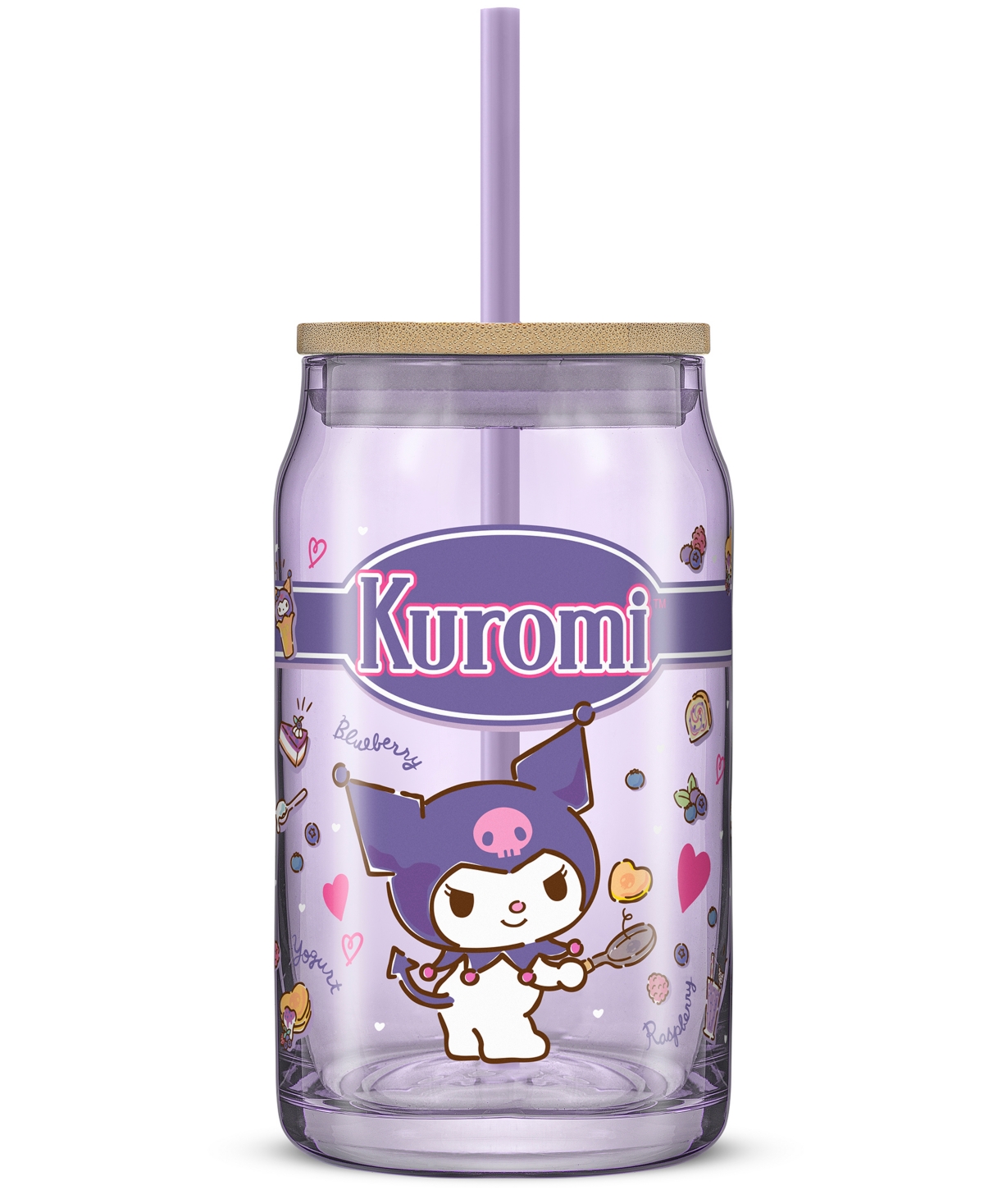 JOYJOLT HELLO KITTY AND FRIENDS FAVORITE FLAVOR KUROMI CAN SHAPED GLASS TUMBLER WITH WOOD LID AND STRAW 