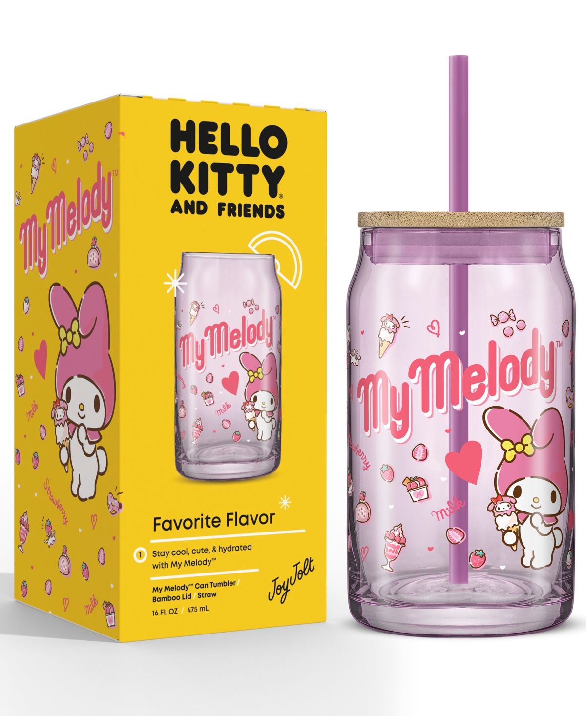 Joyjolt Hello Kitty And Friends Favorite Flavor My Melody Can Shaped Glass Tumbler With Wood Lid And Straw In Multi
