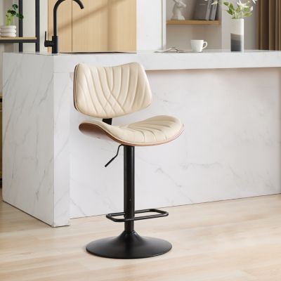 Walnut Bentwood Bar Stool with Faux Leather Seat and Ergonomic Back