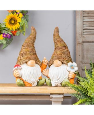 Distressed Garden Gnome Statue With Mushroom And Flower Accent (Set of 2)