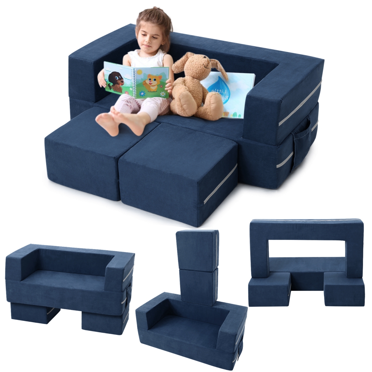 Caromio 6-Piece Kids Play Couch Soft Foam Kids Mudular Sofa Couch Fort Building Toddler Playset - Navy blue