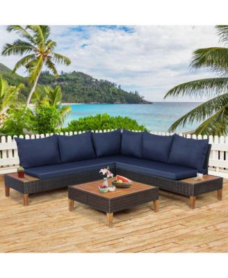 4PCS Acacia Wood Patio Furniture Set Rattan Conversation Set w/ Navy Cushions