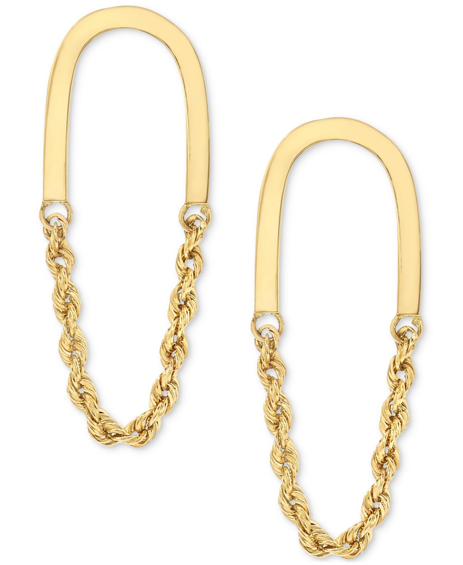 Polished U-Shaped Bar Rope Chain Link Drop Earrings in 10k Gold
