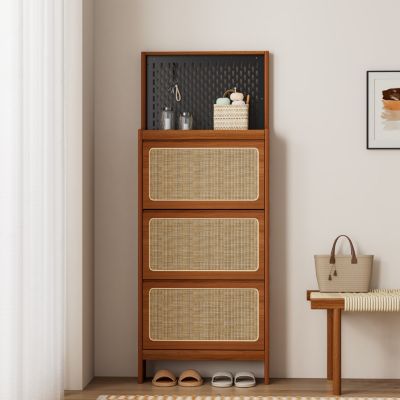 Slim Rattan Shoe Cabinet with Flip-up Storage & Handy Top