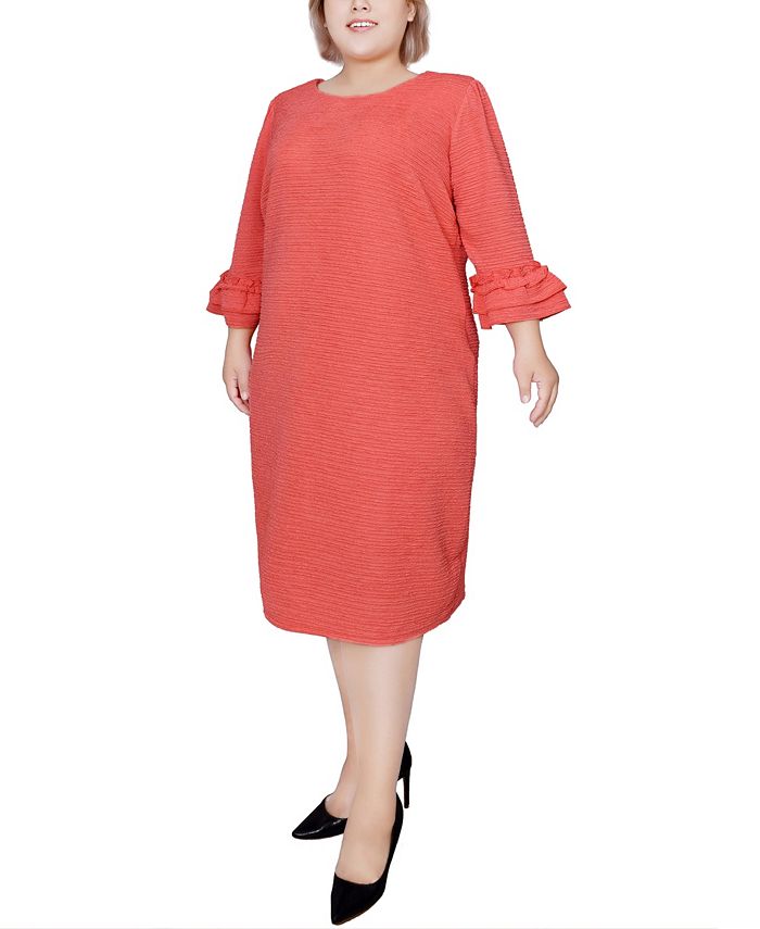 NY Collection Plus Size 3/4 Length Pearl Detail Dress- Mustard