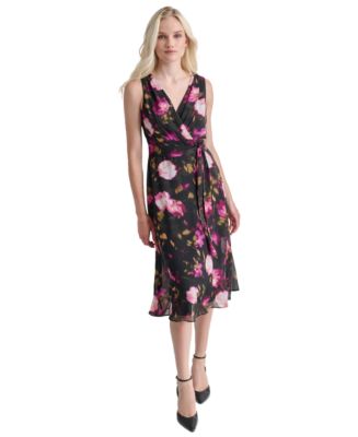 DKNY Women s Floral V Neck Belted Sleeveless Dress Macy s