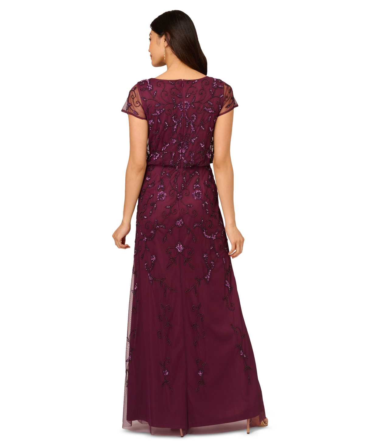 Adrianna Papell Beaded Mesh Gown In Midnight