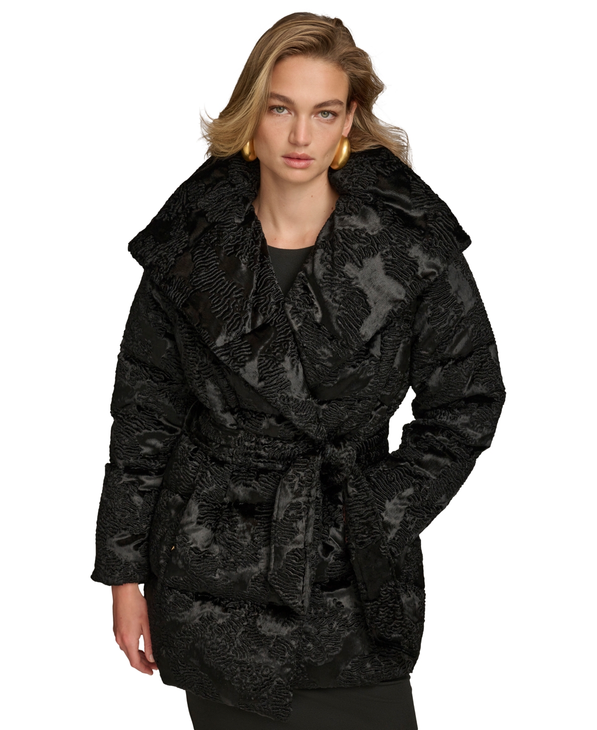 Donna Karan New York Women's Belted Wing-Collar Teddy Coat, Created for Macy's