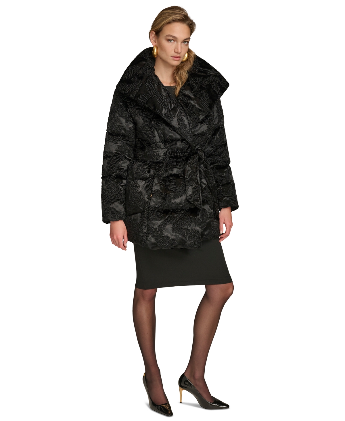 Donna Karan New York Women's Belted Wing-Collar Teddy Coat, Created for Macy's