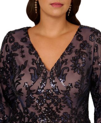 Adrianna Papell Plus Size Beaded V-Neck 3/4-Sleeve Sheath Dress