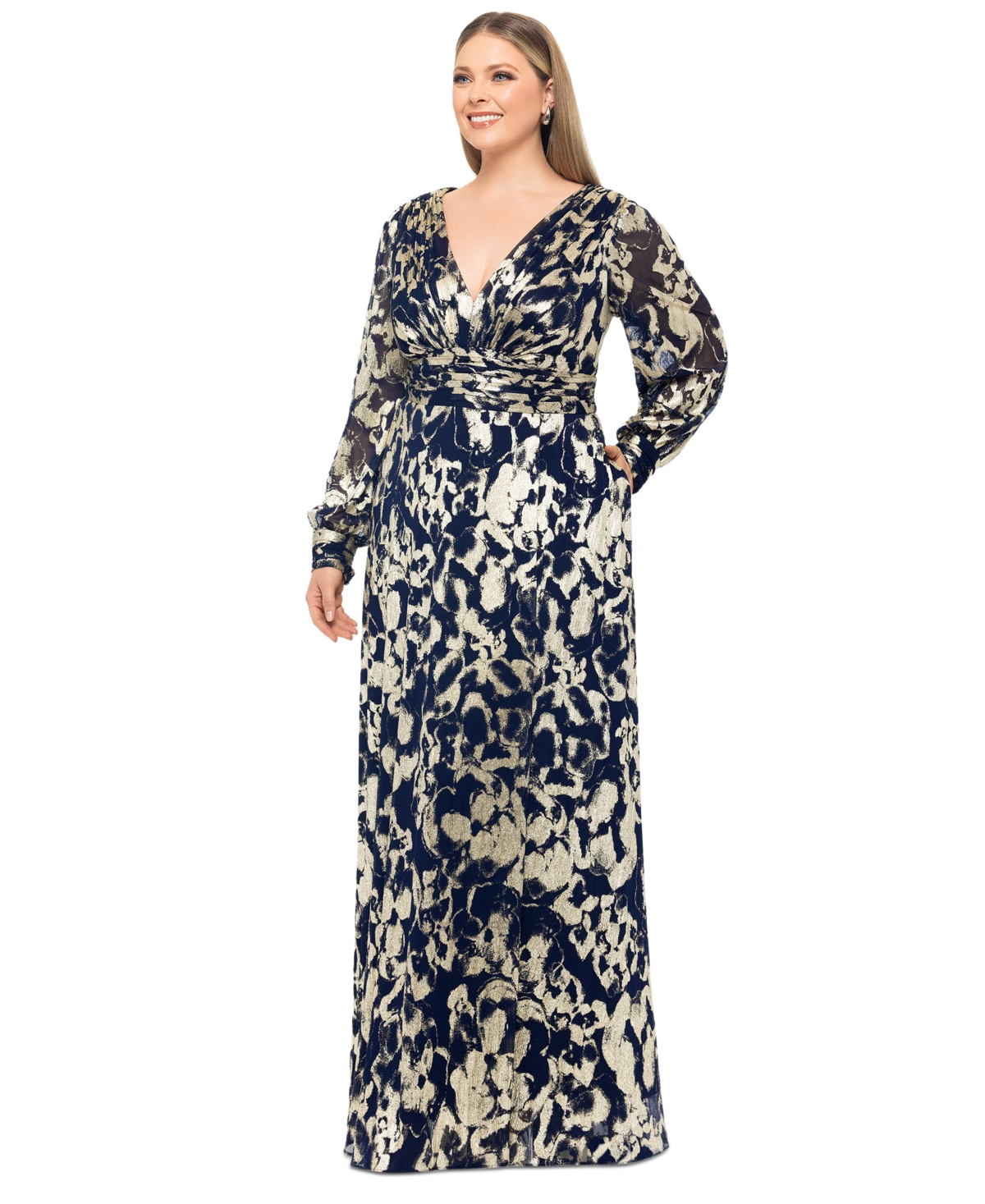 Betsy & Adam Plus Size V-Neck Foil Mesh A-Line Dress -Gold