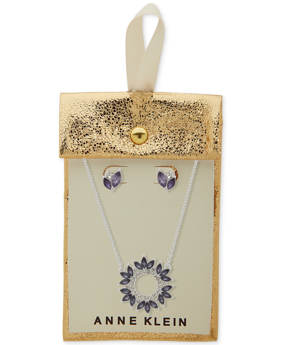 Anne Klein Silver-tone Pave & Stone Pendant Necklace & Stud Earrings Set In Purple
