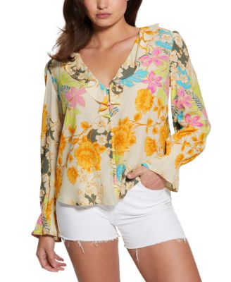 GUESS - Women's Toni Ruffled V-Neck Long-Sleeve Top