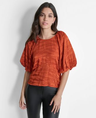 Kelsi Jacquard Puff Sleeve Top In Tan