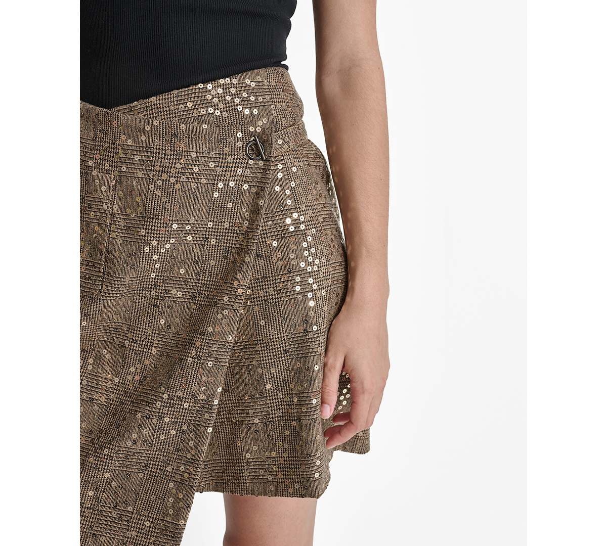 Dkny Plaid Sequin Wrap Miniskirt In Blk Multi