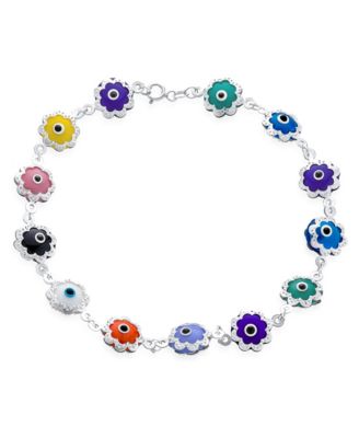 Protection Amulet Turkish Multi Color Charm Floral Round Flower Frame Evil Eyes Bracelet Sterling Silver 9 Inch