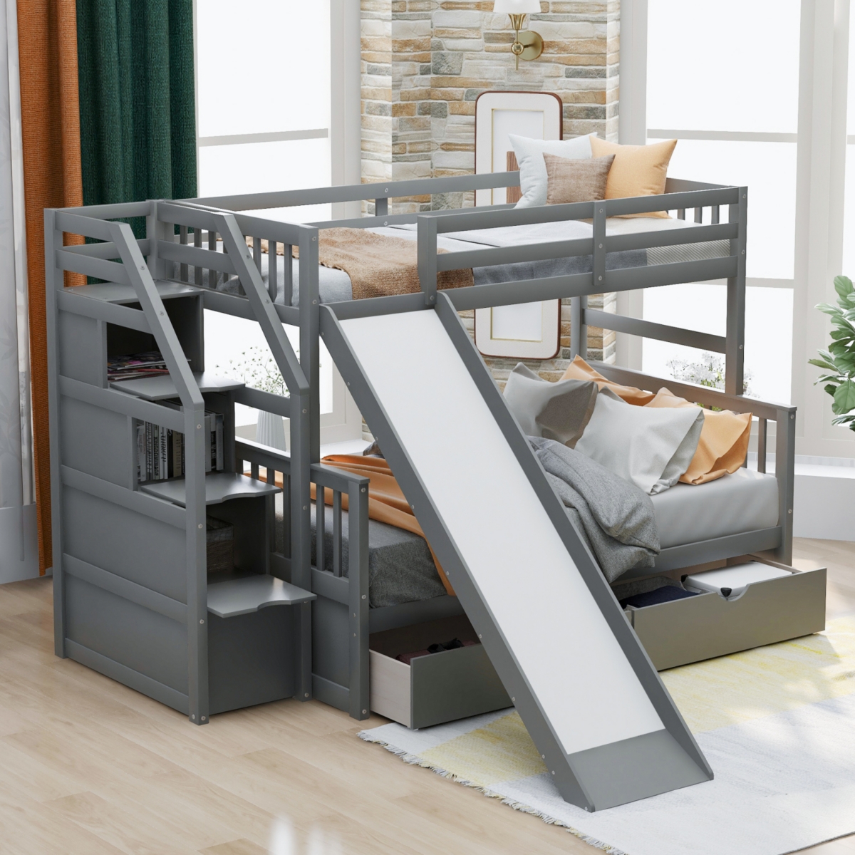 Streamdale Furniture Twin Over Full Bunk Bed With Drawers, Storage And Slide, Multifunction