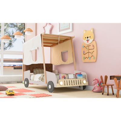 Wood Car Bed With Pillow, Ceiling Cloth And LED