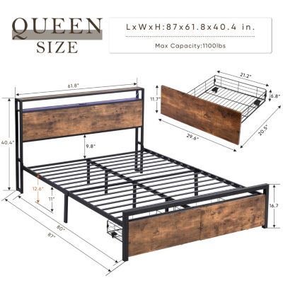 Streamdale Queen Size Storage Bed with LED Lights & Charging Station