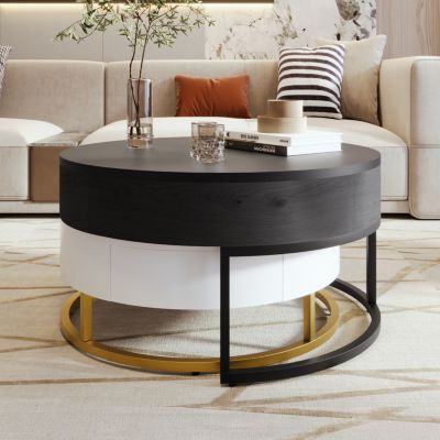 Modern Round Lift-Top Coffee Table with Drawers (White & Black)
