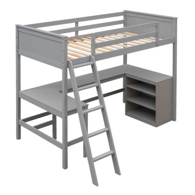 Streamdale Twin Size Loft Bed With Shelves And Desk, Wooden Loft Bed With Desk