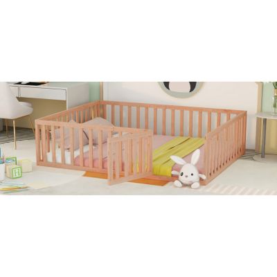 Queen Size Wood Floor Bed Frame With Fence And Door
