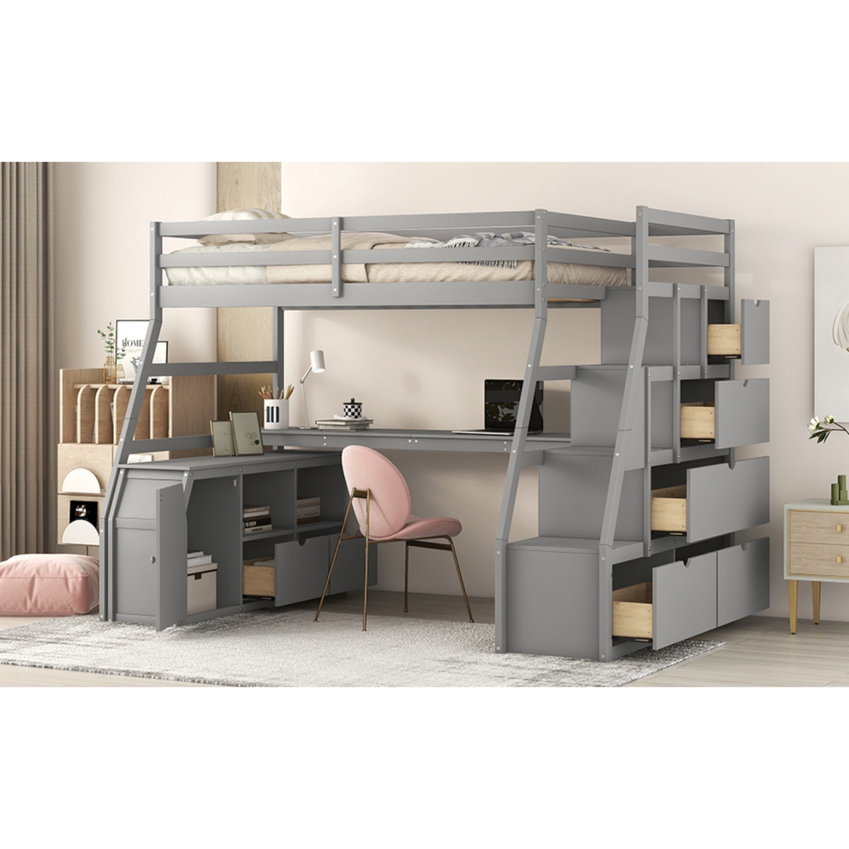 Simplie Fun Twin Size Loft Bed With With 7 Drawers 2 Shelves And Desk