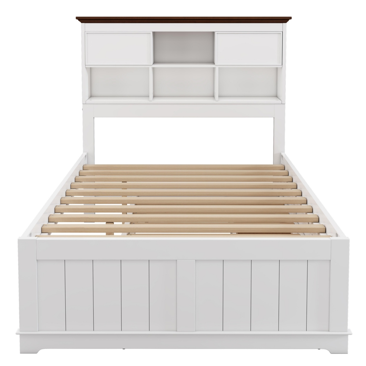 Streamdale Furniture Solid Pine Captain Bookcase Bed With Trundle Bed And 3 Spacious Under Bed Drawers, Full - White+walnut
