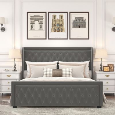 Grey Velvet Platform Bed with LED Headboard