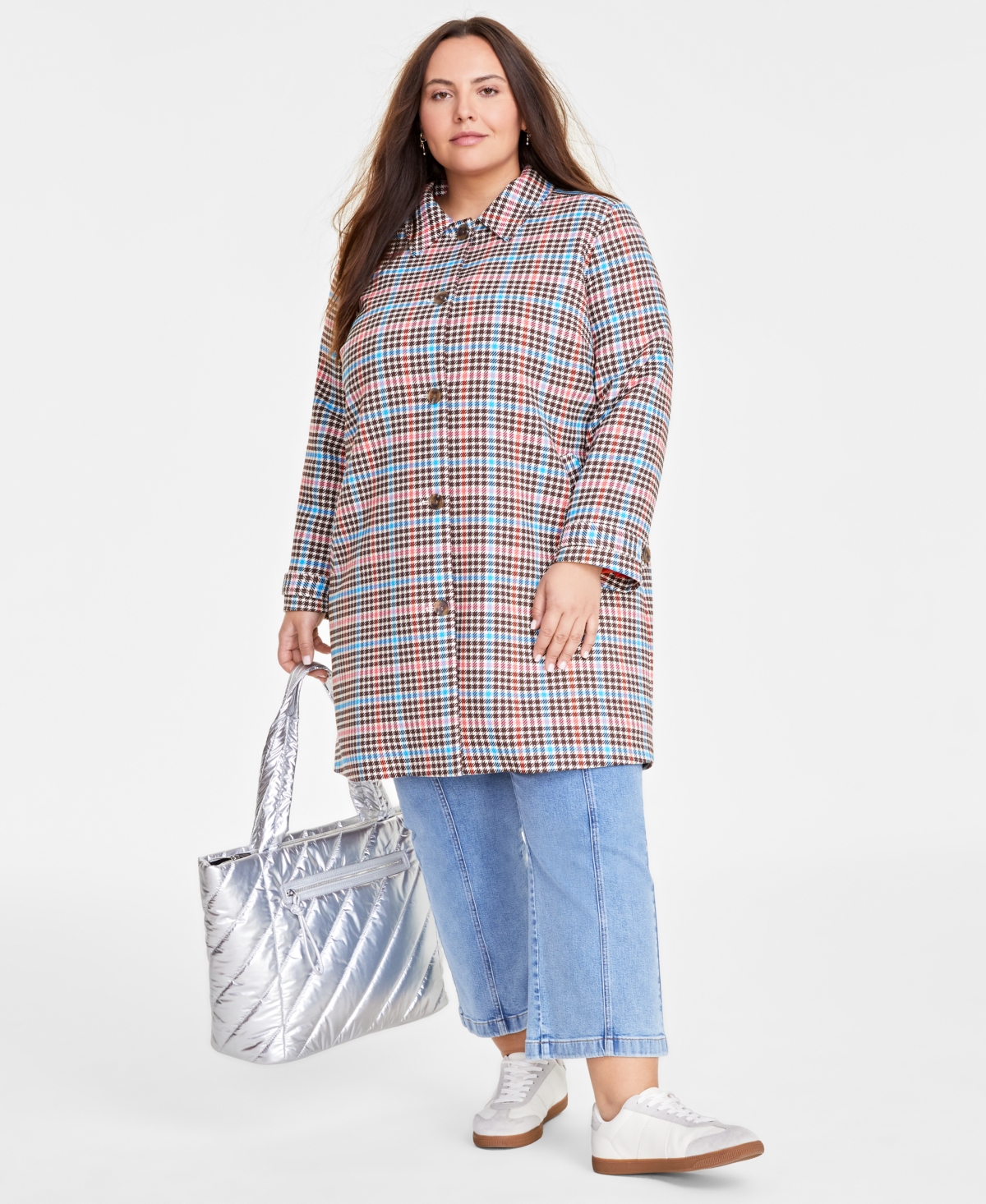On 34th Trendy Plus Size Plaid-Print Long-Sleeve Car Coat, Created for Macy's